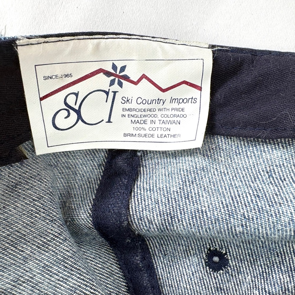 Vintage 90s Vail Colorado Hat Blue Denim Brown Suede Brim Cap Color Block Acid W - Picture 7 of 9